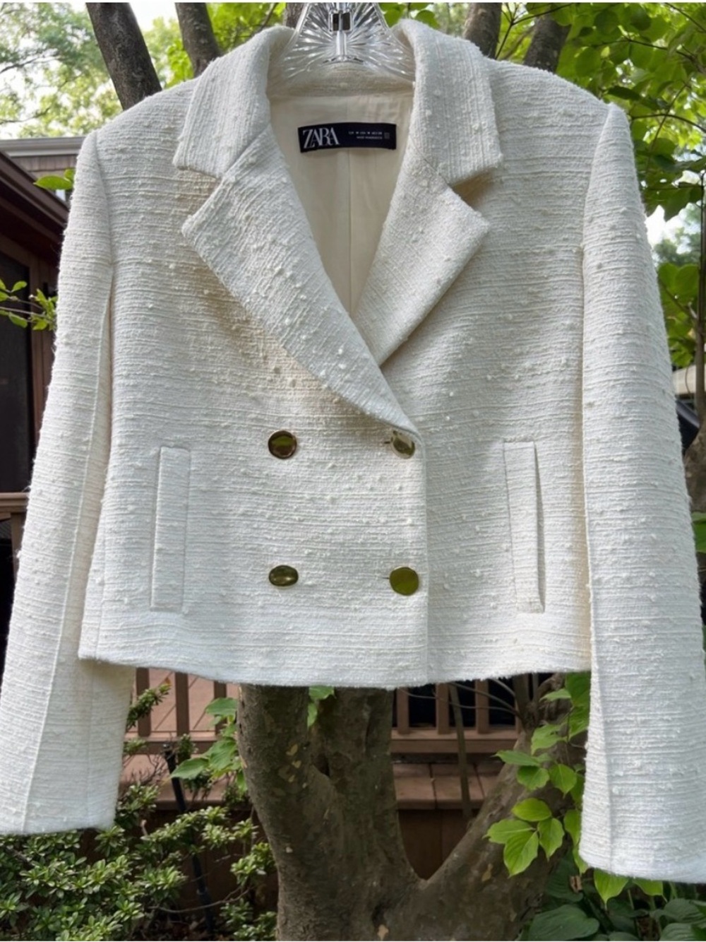 Zara Women’s Cream Bouclé Cropped Tweed Double-Breasted Blazer -Size Medium